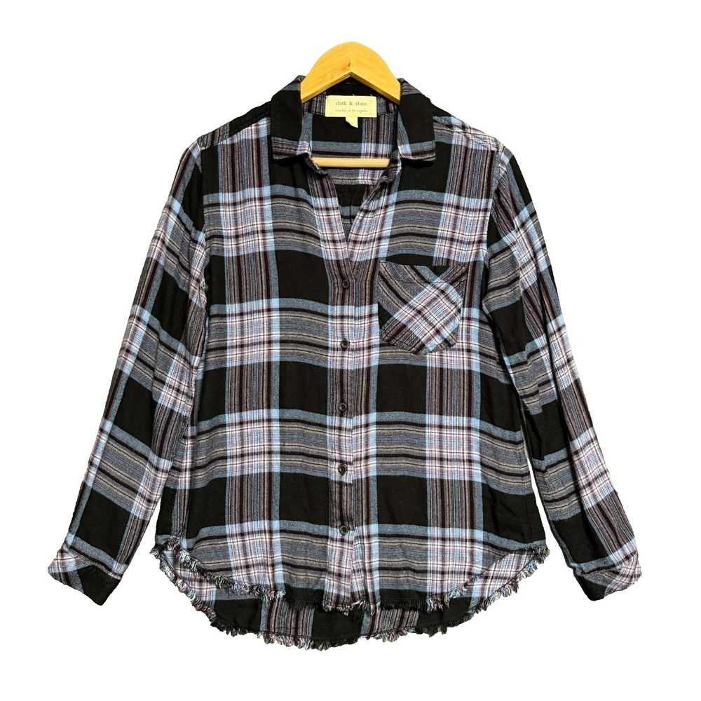 Cloth & Stone Plaid Button Up Womens S Blue Black Grunge Distressed Raw Hem Boho